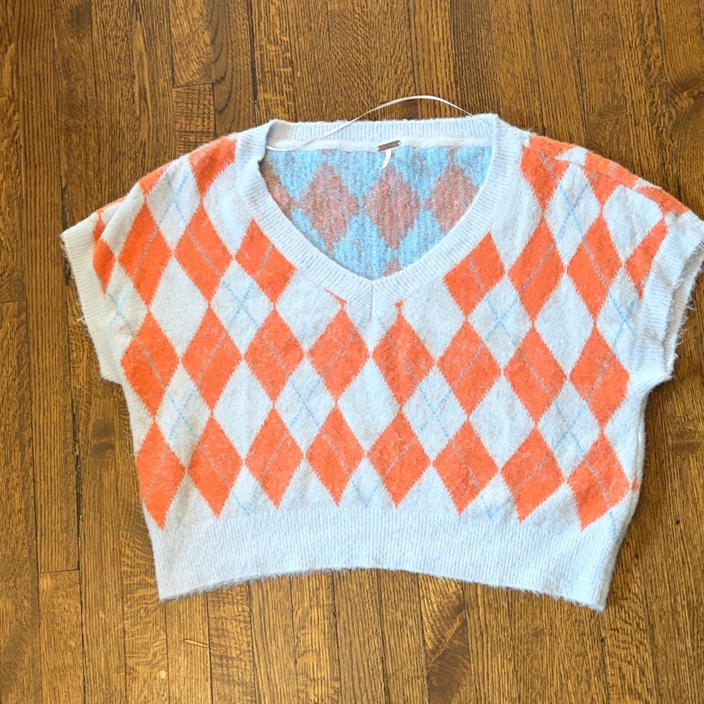 Free People Light Blue and Orange Fuzzy Knit Argyle Short Sleeve Sweater